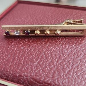 Vtg Anson Tie Bar Clip 3 Stone Rhinestone Long Gold Tone Textured